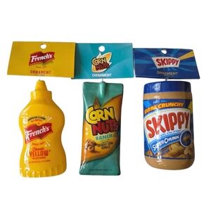 3pc Food Ornaments Mustard, Corn Nuts & Peanut Butter